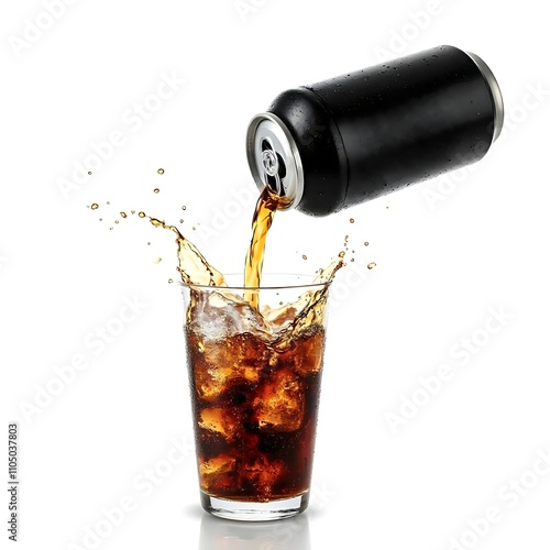 Black cola drink can mockup pouring cola into the glass with cola splashes isolated on white background, product packaging mockup design photo