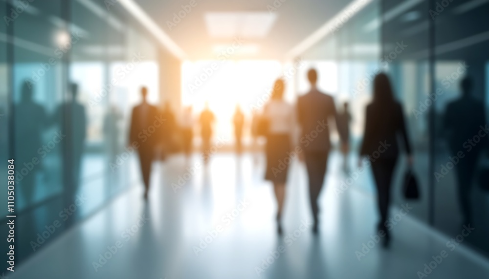 Blurred workplace background with businesspeople walking along modern office building hallway in sunlight day Blurred workplace background with businesspeople walking along modern office building hallway in sunlight day