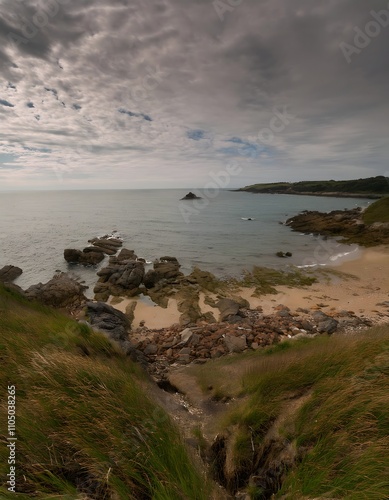 Wallpaper Mural Coastal View: Rocky Shoreline, Sandy Beach, and Island Torontodigital.ca