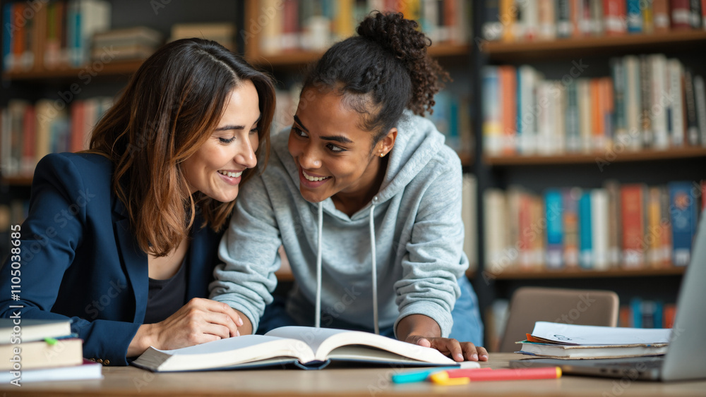 Tutor and Student Collaborate in Vibrant Library Setting: Ideal for Educational Services and Academic Promotions Tutor and Student Collaborate in Vibrant Library Setting: Ideal for Educational Services and Academic Promotions