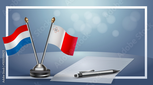 Netherlands and Malta Small national flag on bokeh background, cooperative relationship