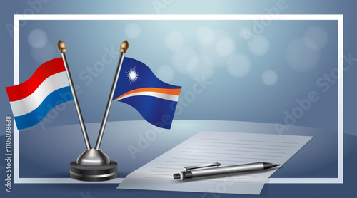 Netherlands and Marshall Islands Small national flag on bokeh background, cooperative relationship