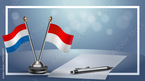 Netherlands and Monaco Small national flag on bokeh background, cooperative relationship
