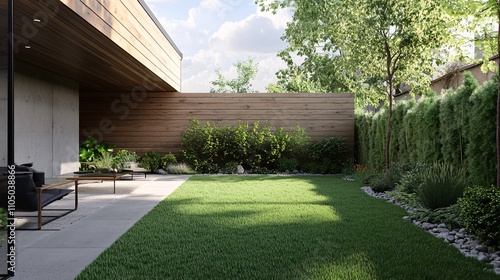 74.A modern backyard featuring a high wooden wall connected to the house, with its warm, natural wood tones providing a beautiful backdrop to the surrounding greenery and the neatly kept lawn.