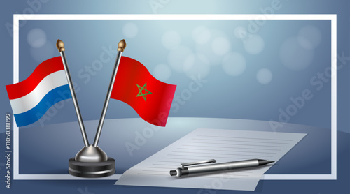 Netherlands and Morocco Small national flag on bokeh background, cooperative relationship