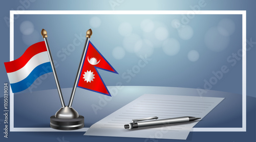 Netherlands and Nepal Small national flag on bokeh background, cooperative relationship