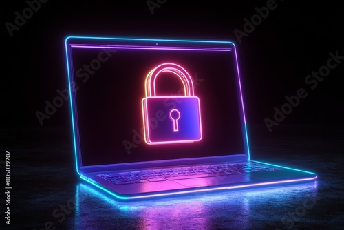 Futuristic data protection illustrated with a glowing low-polygonal laptop and a protective shield featuring an access lock, placed on a bright blue background, demonstrating a sleek and contemporary photo