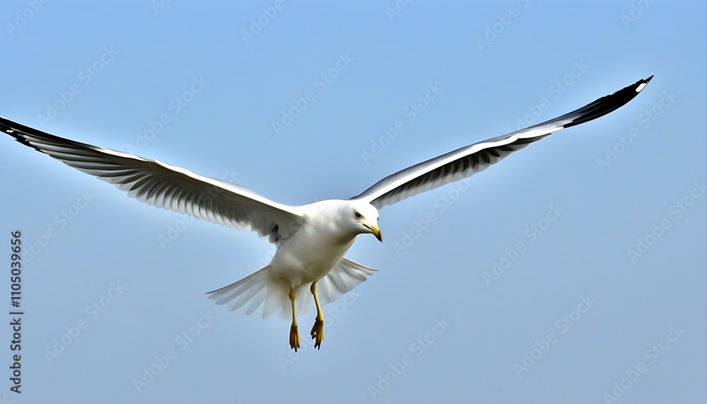 Fototapeta premium Graceful seagull flying high, blending with natural sea views