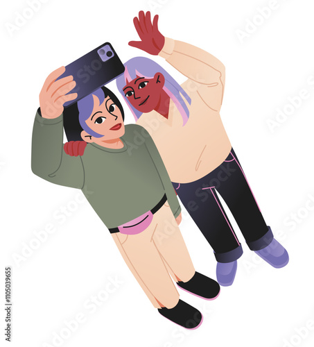Couple of women taking selfies