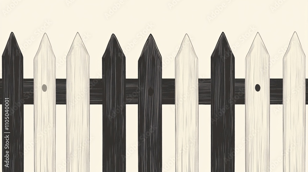 Fototapeta premium 87.A seamless design featuring a traditional picket fence with uniform spacing between each vertical plank, drawn in a clean and simple vector style. The fence pattern continues endlessly, making it