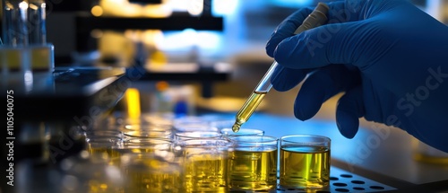 Scientists conducting research with equipment, focus, and collaboration in lab setting photo