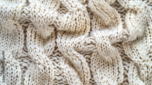 Close-up of a knitted fabric with a cable knit pattern.