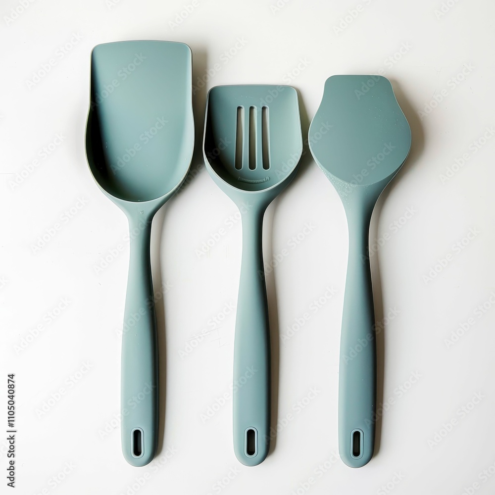 A set of three stylish, light blue kitchen utensils, including a spatula, slotted turner, and serving spoon, perfect for modern cooking. A set of three stylish, light blue kitchen utensils, including a spatula, slotted turner, and serving spoon, perfect for modern cooking.