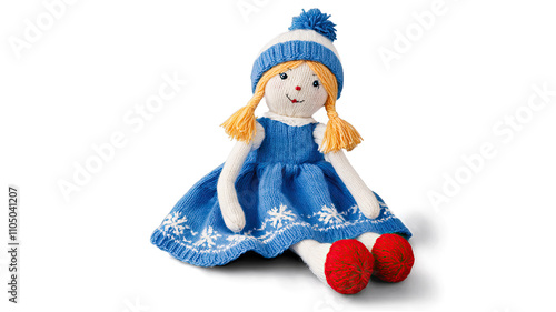 Handmade Doll in Blue Dress with Snowflakes 