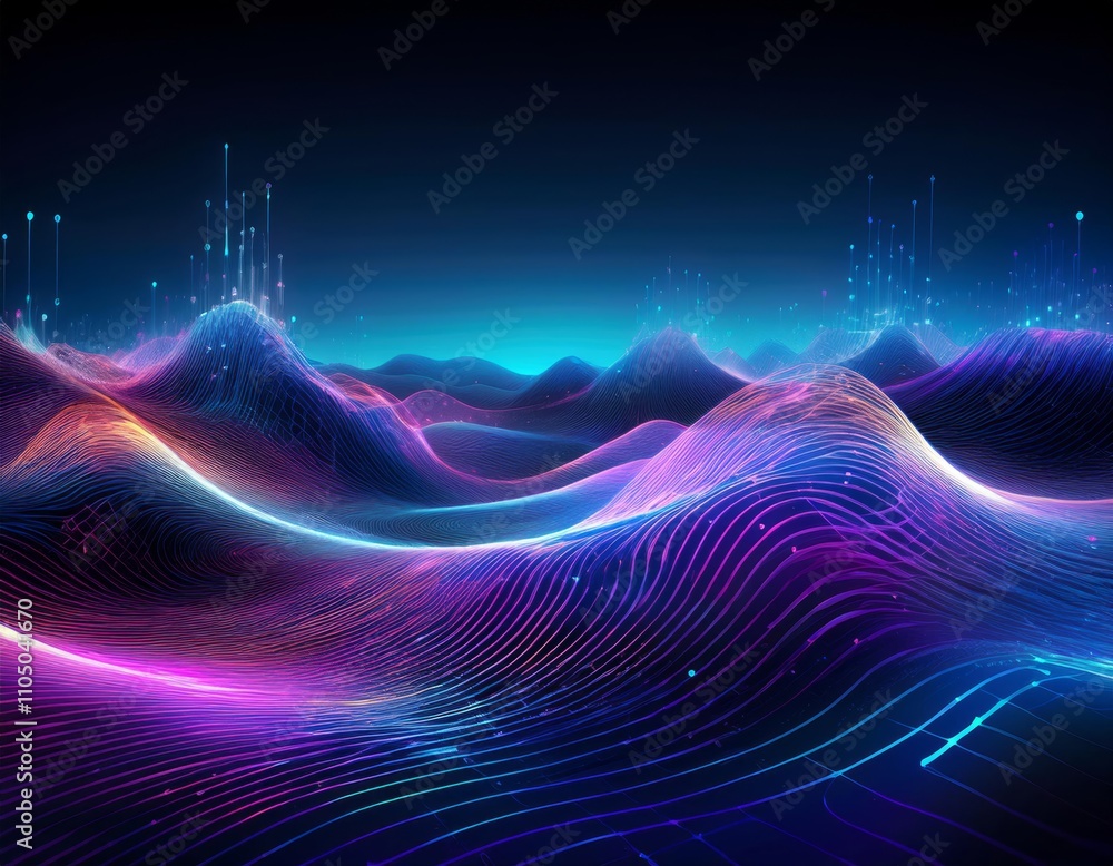 Futuristic digital landscape with glowing blue and purple nodes forming wave-like patterns Futuristic digital landscape with glowing blue and purple nodes forming wave-like patterns