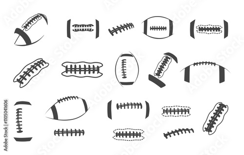 American football laces silhouette, Football laces silhouette, Football laces svg, Laces silhouette, Laces svg, Football seams svg, Sports ball laces vector, American football laces vector set -V02