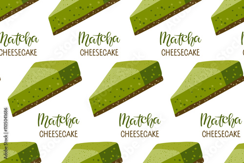 Seamless pattern with Matcha Cheesecake on chocolate cookie crust. Homemade vegan japanese green tea pastries. Vector flat background, wrapping paper. Baked tart with green tea flavor, Japanese food.