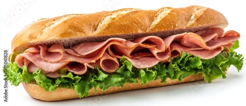 Savory sub sandwich with ham, lettuce, and fresh soft bread layers photo