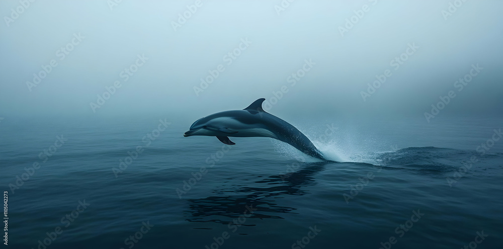 Obraz premium A dolphin leaps gracefully from the water in a misty, serene ocean landscape.