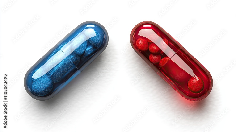 Red and blue vitamin pills on a clear backdrop Red and blue vitamin pills on a clear backdrop