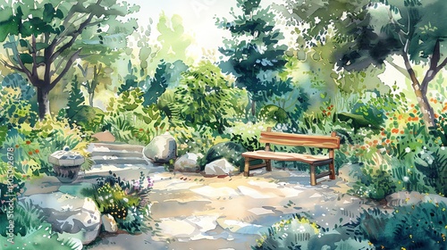 A watercolor painting of a garden with a wooden bench, rocks, and a stone path.
