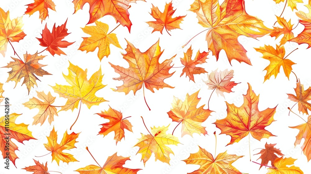 A seamless pattern of watercolor-painted autumn leaves in shades of yellow, orange, and red. A seamless pattern of watercolor-painted autumn leaves in shades of yellow, orange, and red.