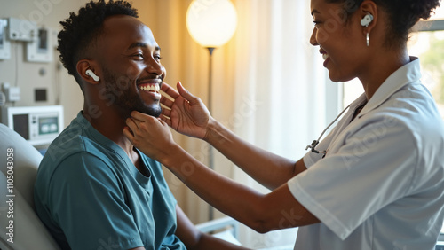 Joyful Black Man Receives Hearing Aid: Healthcare Professional Assists in Modern Hospital Setting photo