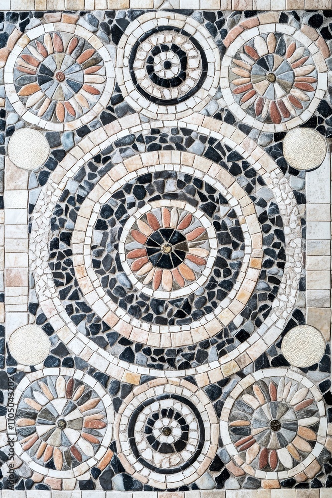 Stone mosaic; circular patterns; beige, black, gray. Stone mosaic; circular patterns; beige, black, gray.