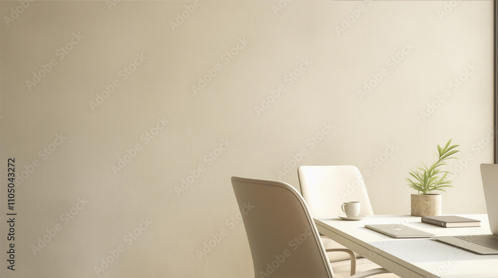 Fototapeta premium Modern workspace with a light white table, white chairs, and beige textured wallpaper with space for text