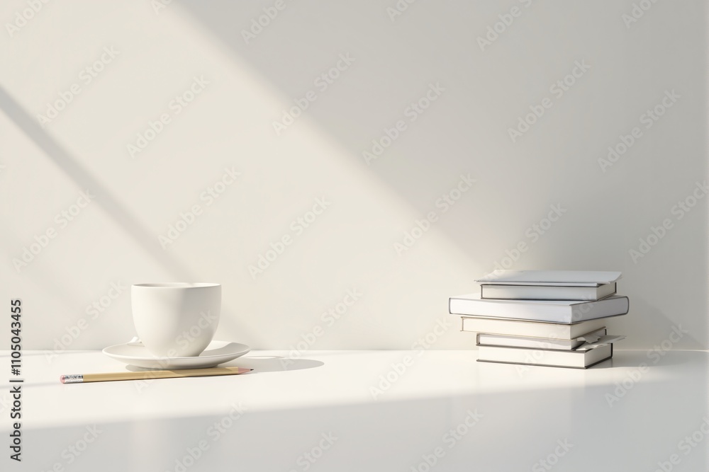 Minimalist Workspace Coffee Cup Books Pencil Sunlit Desk Minimalist Workspace Coffee Cup Books Pencil Sunlit Desk