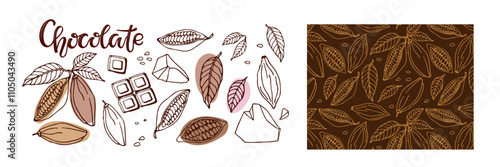 Chocolate set. Cocoa beans, chocolate pieces, brown seamless background. Doodle Outline vector illustrations. Chocolate handwritten lettering logo, cocoa bean and ingredients for chocolate.