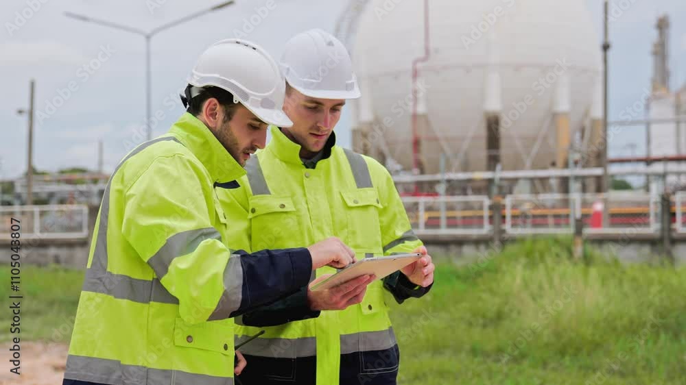 Two engineer working Industry in oil refinery equipment Check and check the condition of the machinery system , Engineering concept. Two engineer working Industry in oil refinery equipment Check and check the condition of the machinery system , Engineering concept.