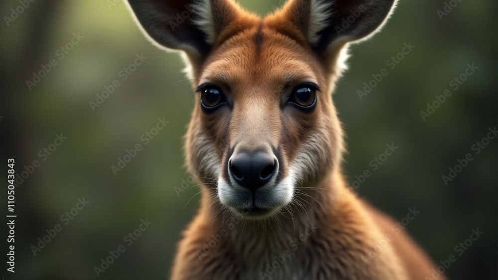 Capture a close-up of a kangaroo, highlighting its expressive eyes, long ears, and muscular build. Focus on its rugged yet serene presence, with soft lighting emphasizing its strength.
