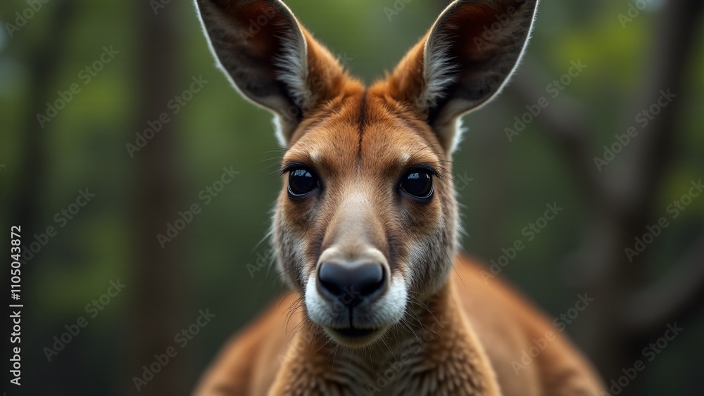 Capture a close-up of a kangaroo, highlighting its expressive eyes, long ears, and muscular build. Focus on its rugged yet serene presence, with soft lighting emphasizing its strength. Capture a close-up of a kangaroo, highlighting its expressive eyes, long ears, and muscular build. Focus on its rugged yet serene presence, with soft lighting emphasizing its strength.