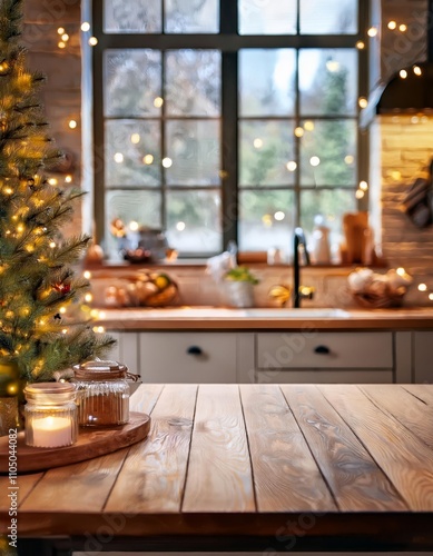 Empty wooden table in modern kitchen with Christmas tree in the background.
