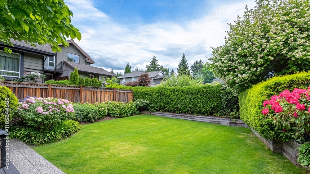 83.A vibrant garden scene showing a spacious backyard with a wooden fence enclosing the area, surrounded by dense hedges, trees, and flowering bushes. The green grass lawn stretches out to a patio 83.A vibrant garden scene showing a spacious backyard with a wooden fence enclosing the area, surrounded by dense hedges, trees, and flowering bushes. The green grass lawn stretches out to a patio