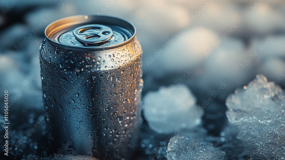 A minimalist shot of a canned drink sitting on a bed of ice, its surface covered in dewy condensation A minimalist shot of a canned drink sitting on a bed of ice, its surface covered in dewy condensation