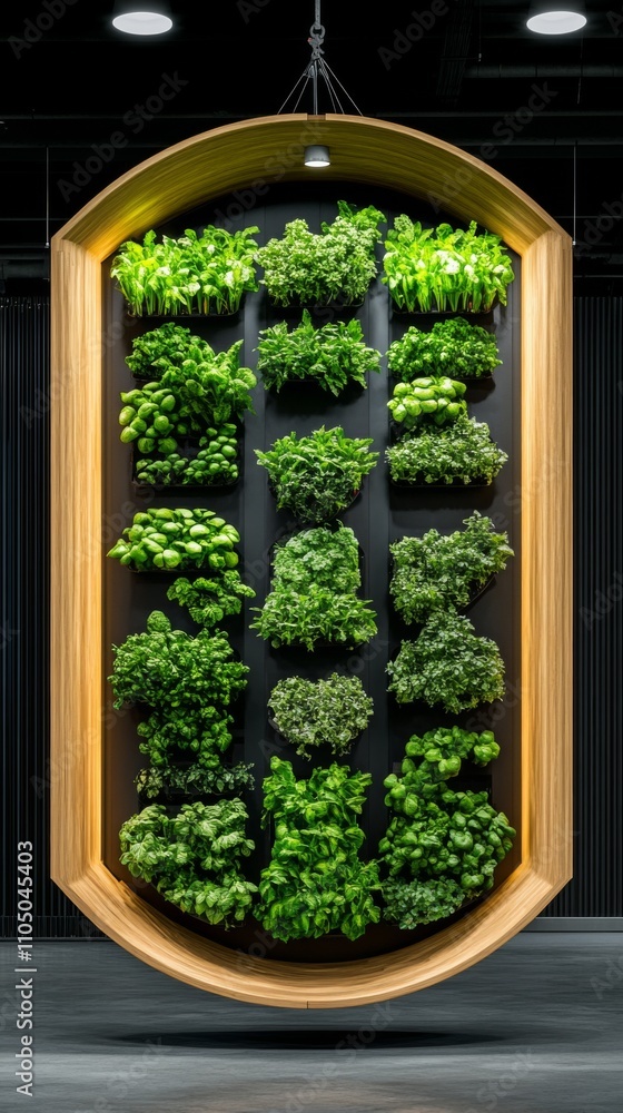 Fototapeta premium Vertical garden display showcasing a variety of lush greens in a modern indoor setting