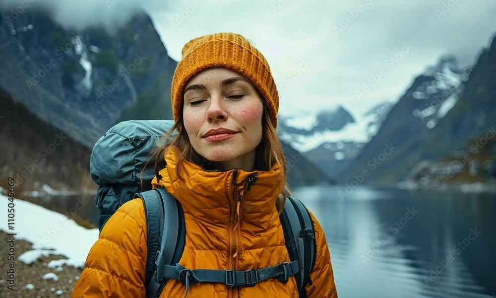 A woman in an orange jacket and hat enjoys a scenic mountain view. A woman in an orange jacket and hat enjoys a scenic mountain view.