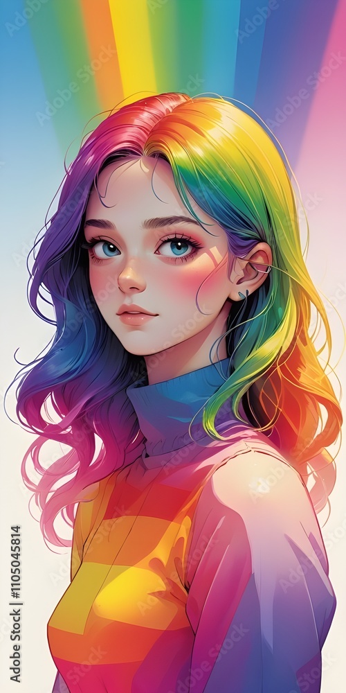 Obraz premium A young woman with vibrant rainbow-colored hair stands against a backdrop of radiating colors. Her expression is serene, and she wears a bright, multicolored outfit that complements her hair.