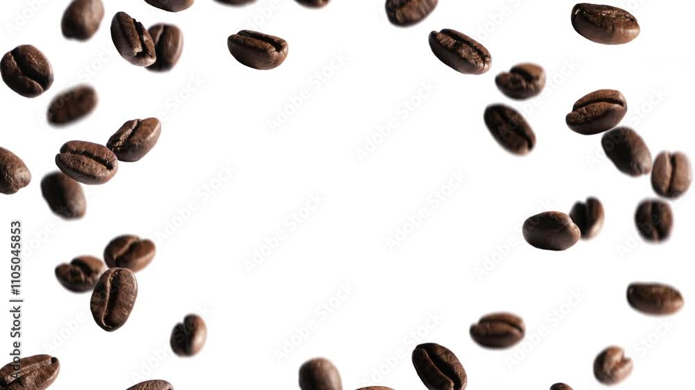 turning roasted coffee beans flying and twirl in a white background video with copy space turning roasted coffee beans flying and twirl in a white background video with copy space