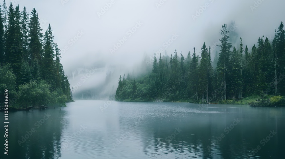 Fototapeta premium Serene Foggy Lake Surrounded by Majestic Evergreen Trees