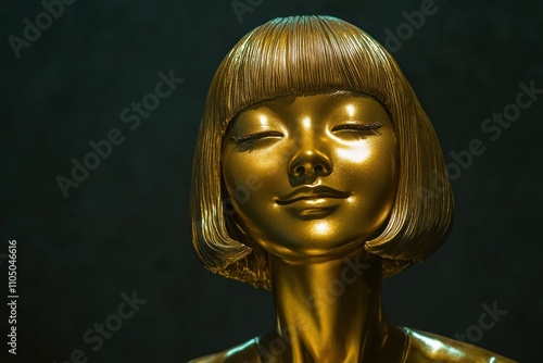 Japanese woman, immortalized as a gold statue, exudes artistry through her detailed features and poised form, while the radiant golden finish evokes elegance and cultural heritage. photo