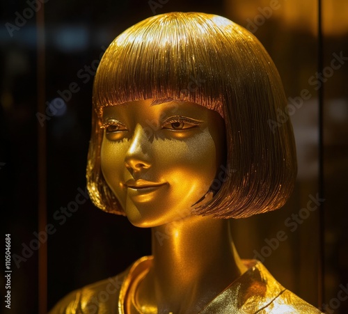 Japanese woman, immortalized as a gold statue, exudes artistry through her detailed features and poised form, while the radiant golden finish evokes elegance and cultural heritage. photo