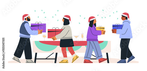 People exchanging gifts at festive party celebration with Santa hats colorful presents confetti and drinks on table holiday theme vibrant design