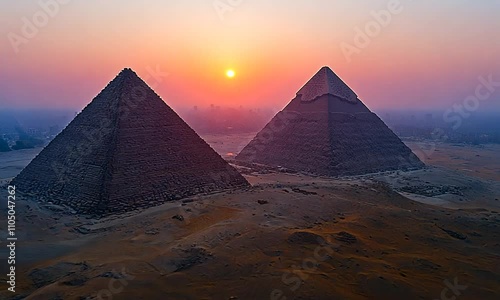 Sunset over the Great Pyramids of Giza, showcasing ancient architecture.