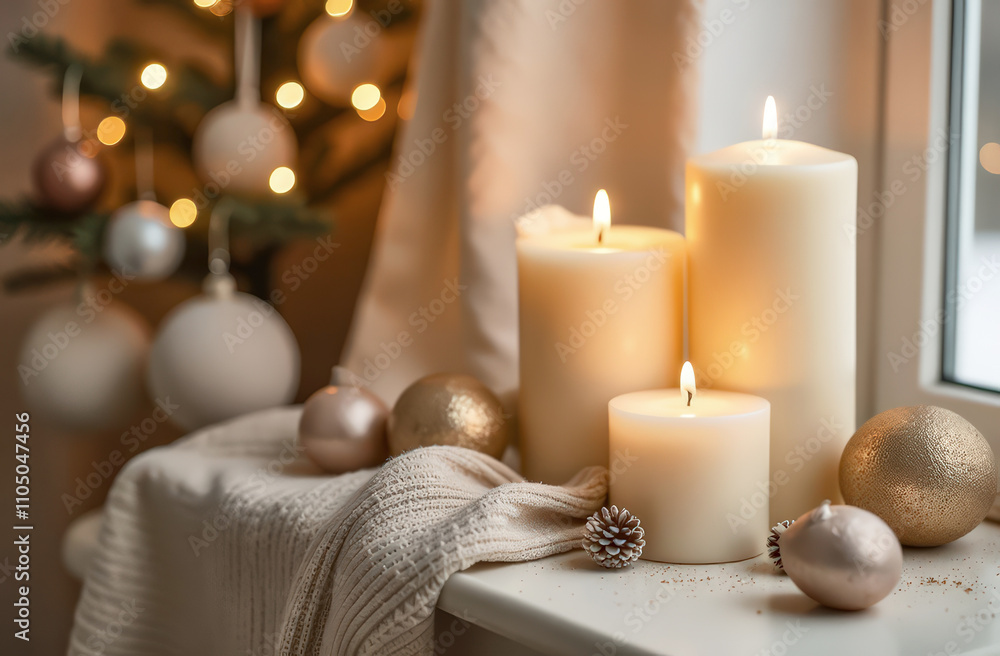 Cozy winter window decor with lit candles and festive ornaments Cozy winter window decor with lit candles and festive ornaments