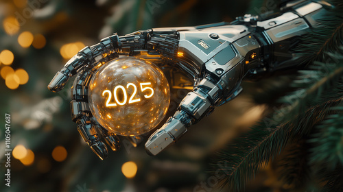 Wallpaper Mural  A futuristic robotic arm holds a glowing 2025 Christmas ornament.  
 Torontodigital.ca