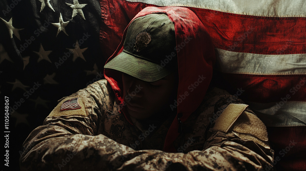 Soldier in Camo Hooded American Flag Background Soldier in Camo Hooded American Flag Background