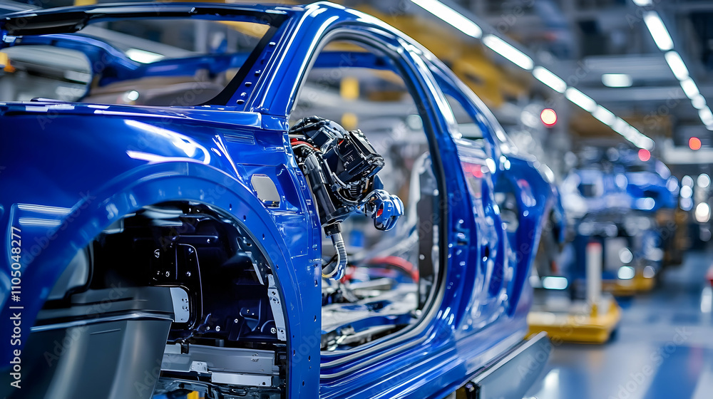 Fototapeta premium Blue Car Chassis on Assembly Line, Automotive Manufacturing Process in Factory